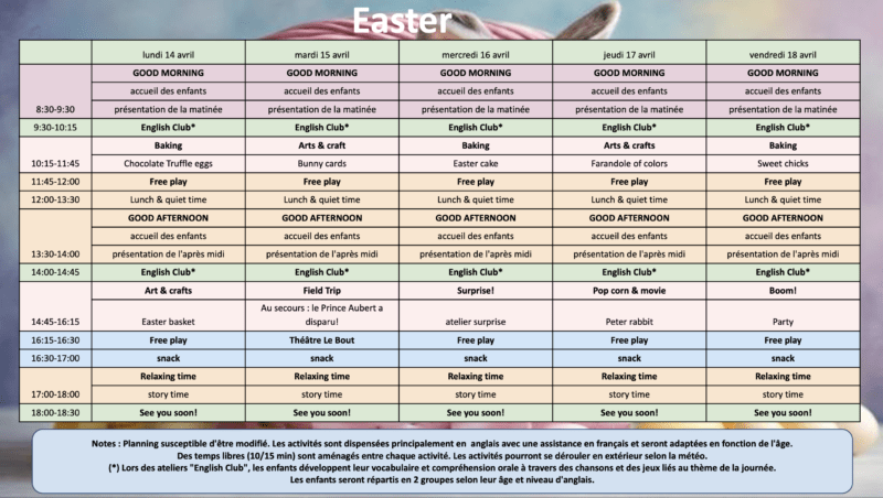 programme du stage vacances bilingue Easter